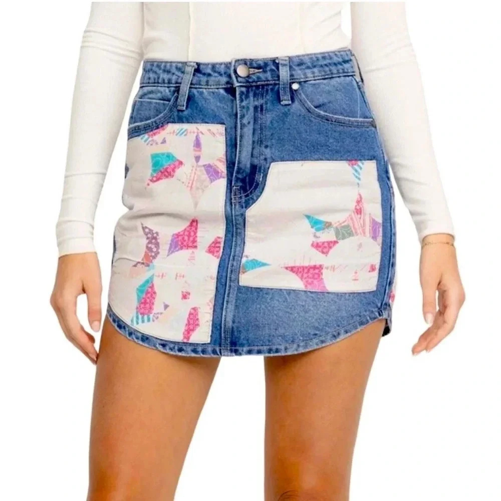 PTCL Ethical Clothing patch quilted jean skirt - size 24 NWT. U